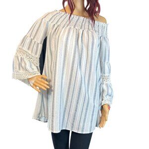 Kiwi + Punch Striped Off-Shoulder Smocked Tunic Blouse With Lace Bell‎ Sleeves